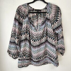 Sanctuary Sheer Chiffon Pastel Geometric Pleated Hem Long Sleeve Blouse Top XS